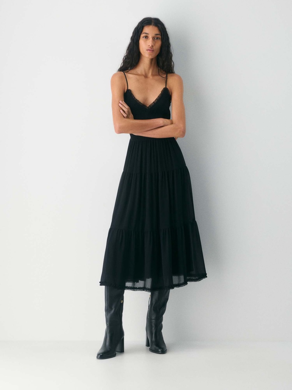 Aritzia Wilfred Tuberose Maxi dress Black Tiered Slip with Spaghetti Straps XL